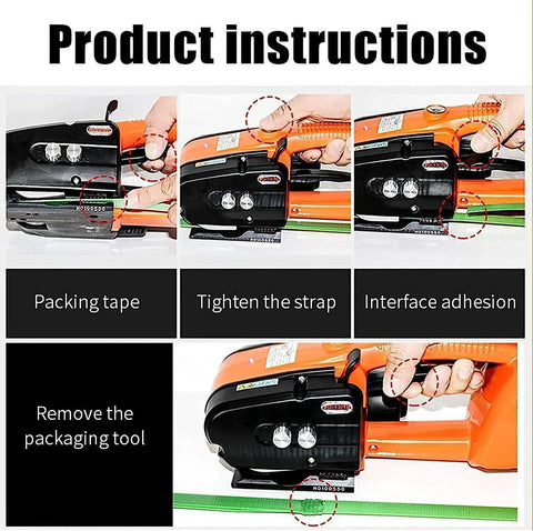 Product instructions for the Heavy Duty Automatic Strapping Tool showing packing tape use and tightening strap process.