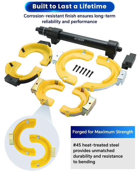 MacPherson Strut Spring Compressor Kit Universal Interchangeable Fork Coil Extractor Tool Set components displayed