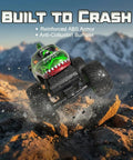 Green Dino Monster Truck RC with LED Lights off-road on rocky terrain, 1:20 scale, for kids aged 8-12