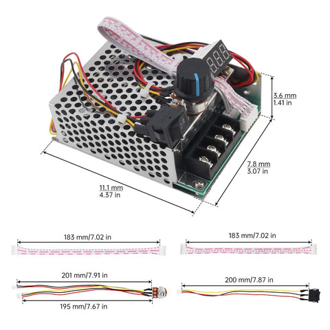 Ultra Tough Pwm Dc Brushed Motor Speed Controller Featuring Bright Tunable Digital Readout, dimensions shown with wiring.