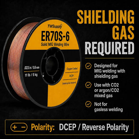 ER70S-6.023 Inch Copper Coated Solid MIG Welding Wire For GMAW, 11 Lb Spool, Low Spatter, smooth arc label and specs