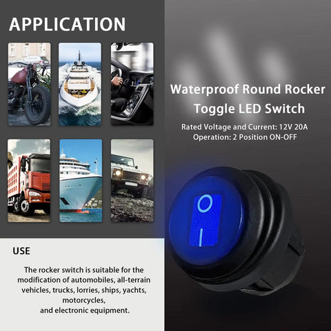 Rugged Waterproof Round Rocker Switch 12V SPST On Off With Blue LED Lighted 3 Pins 20A 25x25x35mm Pre Soldered Wires 200mm For Car Auto Boat Truck Electrical DIY, blue round switch