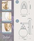 Diagram and details of Trendy Gold Bathroom Vanity Lights Two Pack Wall Sconces with clear glass and gold textured finish, front and side views.