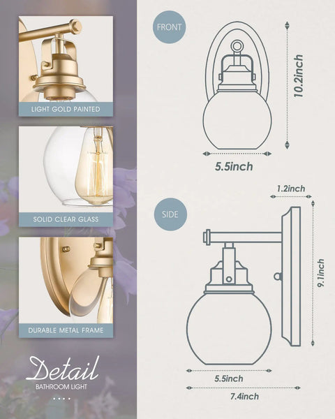 Diagram and details of Trendy Gold Bathroom Vanity Lights Two Pack Wall Sconces with clear glass and gold textured finish, front and side views.