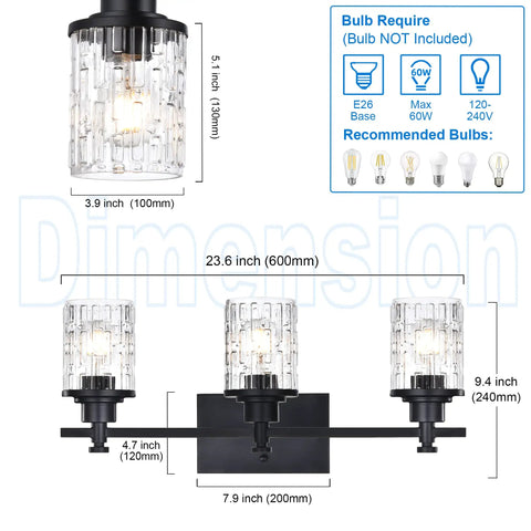 3 Light Black Matte Finish Vanity Light With Dope Clear Grid Glass Shade dimensions and bulb specifications chart