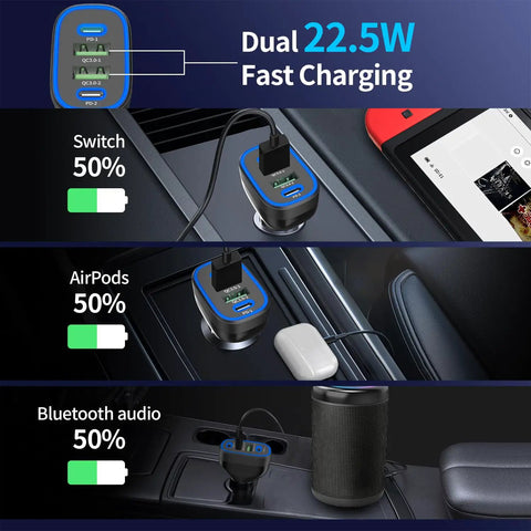 90W Four Port USB C Super Fast Car Charger With Dual PD Ports For iPhone And Android Phones charging multiple devices in a car.