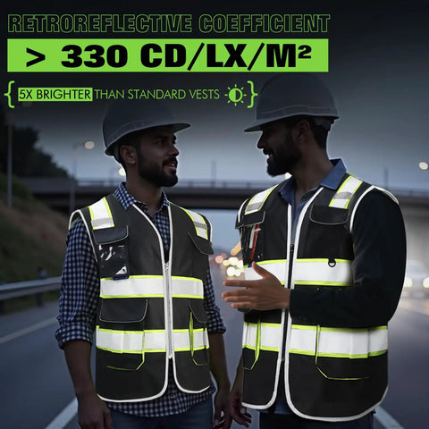 Men wearing Heavy Duty Ansi Class II High Visibility Safety Vest For Men Custom Printed Logo Reflective Work Gear With Eight Rugged Storage Pockets Black Large Size Top Shelf Durability at dusk.