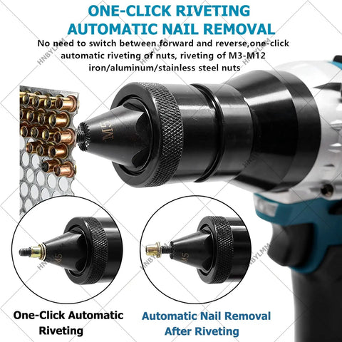 Cordless Electric Rivet Nut Gun Set With 5.2Ah Battery showing automatic nail removal and one-click riveting for stainless steel nuts.