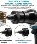 HNBYLMM Cordless Electric Rivet Gun Set With Heavy Duty Automatic Riveting Tool showing one-click automatic riveting for M3 to M12 nuts.