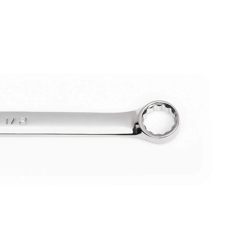 Close-up of a 12-point combination wrench from 15 Piece Long Pattern SAE 12 Point Combination Wrench Set With Off Corner Box End For Better Grip And Less Fastener Rounding Long Reach Beams For Tough Jobs