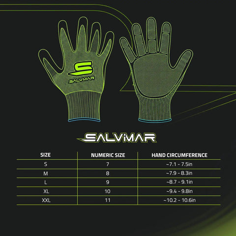 Dy-Max Continuous Thread Spearfishing Gloves With Nitrile Palm Grip, Tight Cuff, And Chemical Resistant Design For Underwater Use, Ultra Durable Fabric In Black Green, X Large size chart