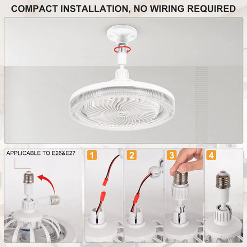 Easy Install No Fuss Multifunctional Ceiling Fan With Light And Remote, E26 Socket Compatible, installation guide shown.