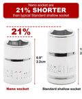 Comparison of nano socket and standard shallow socket showing 21% size difference, Three Eighths Inch Drive Stubby Socket Set