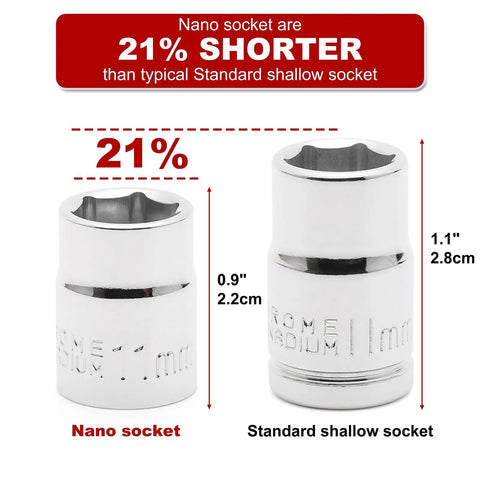 Comparison of nano socket and standard shallow socket showing 21% size difference, Three Eighths Inch Drive Stubby Socket Set