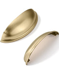 10 Pack 3 Inch Four Center Gold Drawer Pulls With Brushed Brass Cup Handles For Kitchen Cabinets, two pulls shown.