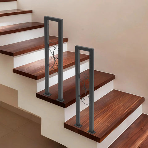 Two Pack U Shaped S Scroll Staircase Handrails Premium Carbon Steel Build Weather Resistant Coating Indoor Outdoor Step Railing on wooden stairs