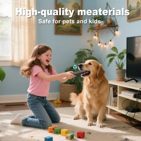 Child playing with dog using One For All Universal Replacement Remote For Samsung Smart TVs Compatible With Crystal UHD CU7000 DU7200 Neo QLED QLED OLED Frame And Curved Models From 2015 Through 2026 For Easy TV Navigation And Quick Power And Volume Control in living room.