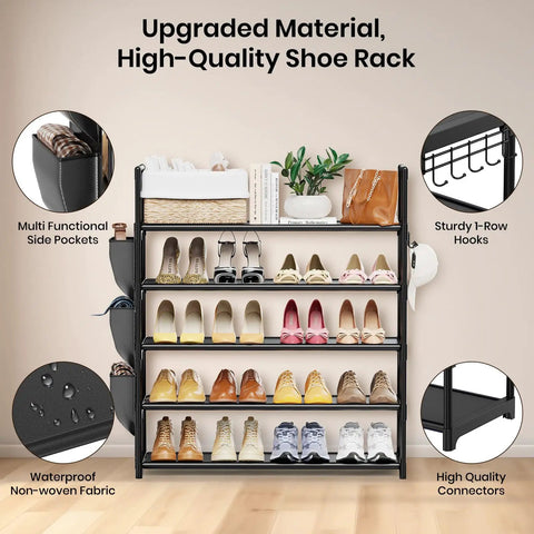 5 Tier Shoe Rack With Hook And Side Pocket, space-saving organizer holds 20 to 25 pairs, shown with books, plants, and shoes.