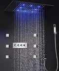 Premium Rock Solid Thermostatic Shower System With Extra Wide Ceiling Rain Head And Corrosion Resistant Brass Mixing Valve For Zero Hassle Bathroom Upgrades with overhead rain spray and chrome control panel.
