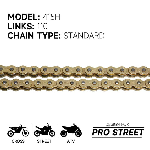 Beefed Up 415 Motorcycle Chain 110 Links Non O Ring With Master Link, model 415H, shown for motorbikes and ATVs