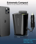 Car Power Inverter Converts DC 12V To 110V AC With Cup Holder Mount, 2.9x2.9x4.64 inches, next to smartphone for size comparison.