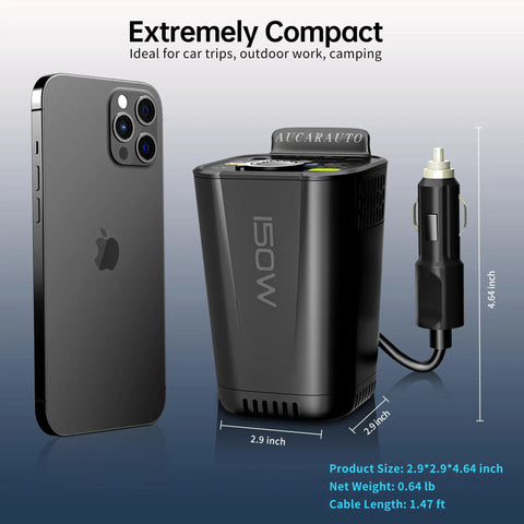 Car Power Inverter Converts DC 12V To 110V AC With Cup Holder Mount, 2.9x2.9x4.64 inches, next to smartphone for size comparison.