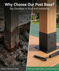 Heavy Duty 4 Pack Wood Post Brackets With Inner Size 3.58 By 3.58 Inches Powder Coated Matte Black Post Base Anchors on deck and rusted post comparison.