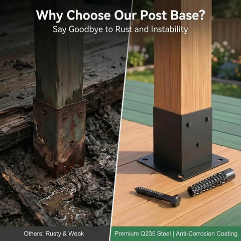 Heavy Duty 4 Pack Wood Post Brackets With Inner Size 3.58 By 3.58 Inches Powder Coated Matte Black Post Base Anchors on deck and rusted post comparison.