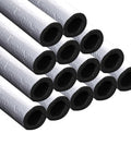 14 Pack Pipe Insulation Foam Tubes With Self Adhesive Aluminum Foil Wrap, arranged diagonally, 0.8 inch diameter, outdoor use.