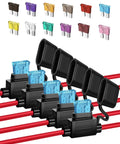 Five Pack 12 Gauge Inline Fuse Holder Kit With Sixty ATC ATO Blade Fuses Range 2A To 50A For Automotive Wiring, shown in black with blue fuses