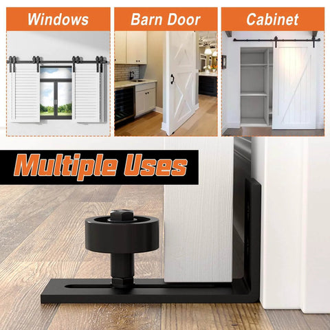 Sliding Barn Door Floor Guide Kit Two Pack With Bottom Adjustable Stay Roller installed on door, showing multiple uses for smooth operation.