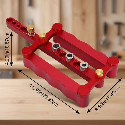 Adjustable Self Centering Doweling Jig Kit For Dead On Furniture Assembly And Heavy Duty DIY Woodworking Projects With Pro Shop Grade Clamp Drill Guide, red aluminum, 11.80in x 6.10in x 4.20in.