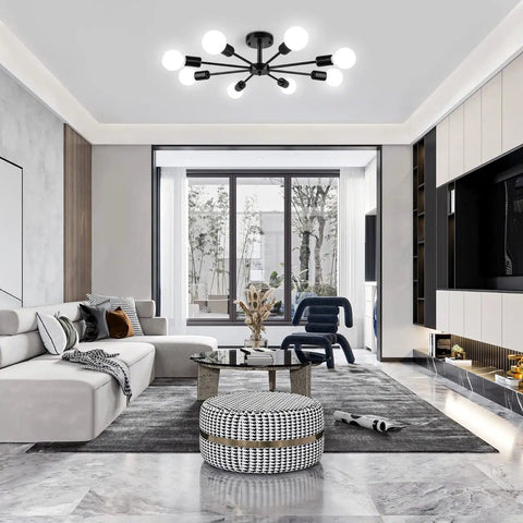 6 Light Sputnik Style Semi Flush Mount Ceiling Fixture in Black Finish for Living Room Bedroom Kitchen and Office