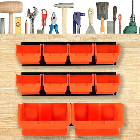 Wall Mounted Tool Organizer With Ten Bins And Three Rails, Space Saving Wall Storage Rack For Tools Nuts Bolts Screws