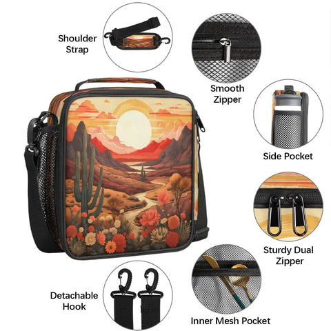 Desert Flower Cactus Insulated Lunch Bag Tote With Leakproof Cooler featuring desert artwork with flowers and cacti.