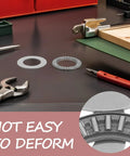 Two Pack Thrust Needle Roller Bearings With Washers, Steel Industrial Roller Parts For Automotive Auto Shop Gear, Automation Equipment, Fluid Transfer Devices, And Machine Tools With Precise Bore And Outer Diameter Fit. Steel thrust needle roller bearings with washer on workbench