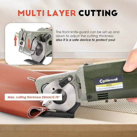 Dive into heavy duty sewing projects with this electric rotary fabric cutter showing adjustable knife-guard for cutting 20mm textiles.