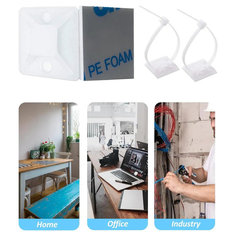 100 Piece Pro Grade Adhesive Cable Zip Tie Mount Kit With 8 Inch UV Resistant Ties shown in home, office, industry settings