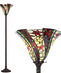 71-Inch Bronze Tiffany-Style Torchiere Floor Lamp With Dope Handcrafted Stained Glass Shade Featuring Floral Motif Classic Art Nouveau Iron Standing Lamp LED Bulb Included