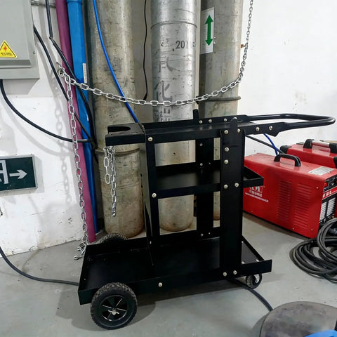 MIG Welder Cart With Table Top Cabinet And Gas Bottle Storage in workshop, featuring durable construction and 400 lb capacity.