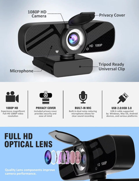 Top Shelf 1080P Webcam With Crisp Built In Microphone And Wide Angle Lens Includes Adjustably Rotatable Tripod And Flip Privacy Cover showcasing full HD optical lens and privacy cover.