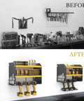 Wall Mounted Power Tool Organizer For Home Garage Storage Space Saving Metal Tool Rack With Cordless Drill Holder Heavy Duty Steel Shelf Black And Yellow Modern Design Keeps Your Gear On Deck And Your Garage Neat.