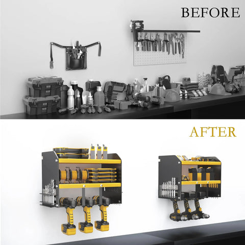 Wall Mounted Power Tool Organizer For Home Garage Storage Space Saving Metal Tool Rack With Cordless Drill Holder Heavy Duty Steel Shelf Black And Yellow Modern Design Keeps Your Gear On Deck And Your Garage Neat.