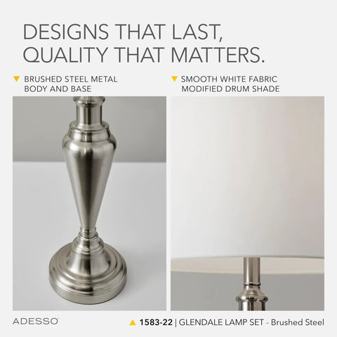 Brushed steel lamp body and smooth white drum shade details