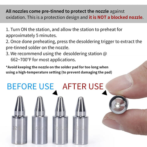 Comparison of three pre-tinned nozzles for Pro Grade 110W EVO Soldering Station And Desoldering Kit With Vacuum Pump