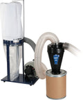 Ultimate Cyclone Attachment For Single Stage Dust Collectors 0.5 To 3HP, showing white and black attachment setup in workshop.