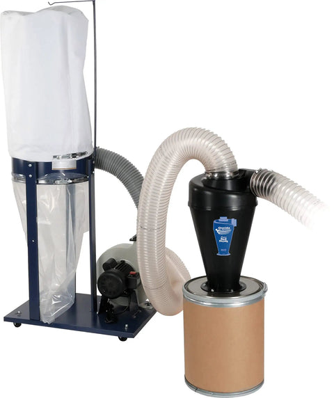 Ultimate Cyclone Attachment For Single Stage Dust Collectors 0.5 To 3HP, showing white and black attachment setup in workshop.