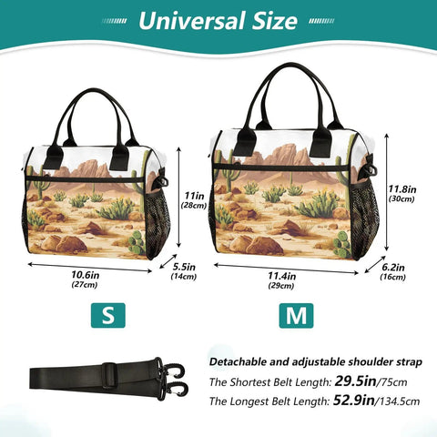 Desert Cactus Handle Insulated Lunch Bag Reusable Cooler With Adjustable Detachable Shoulder Strap, sizes S and M shown