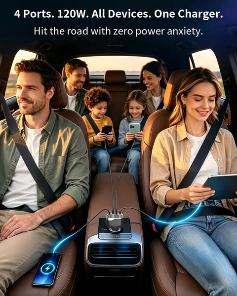 Blazing 120W USB C Car Charger With Four Ports And PD 3.0 Quick Charge for families using devices in a car.