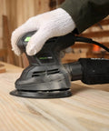Detail Sander 1.7A 15000 OPM Compact Electric Sander in use on wood with handy dust bag, soft grip handle and GALAX PRO logo visible
